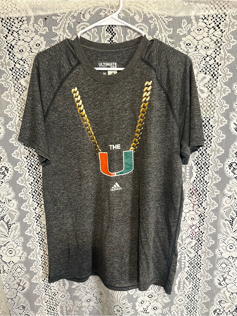 adidas Gray Short Sleeve Tee with Orange and Green 'U' Logo and Gold Chain Print